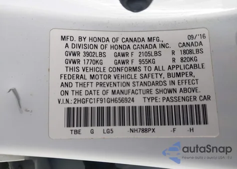 2016 Honda Civic Touring из США, поврежденный, VIN 2HGFC1F91GH656924